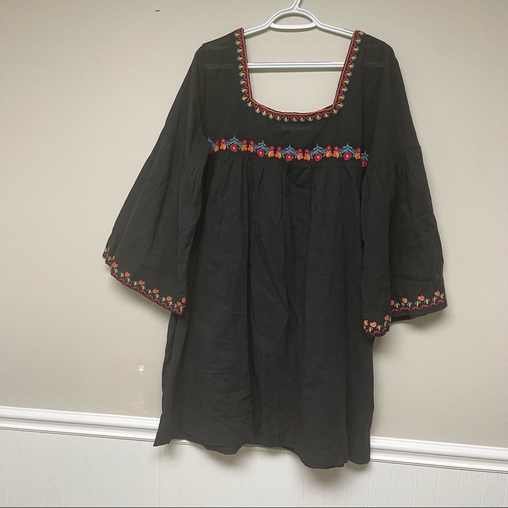 NATURAL LIFE Black Embroidered Peasant Dress with Multicolor Floral Trim - Picture 3 of 4